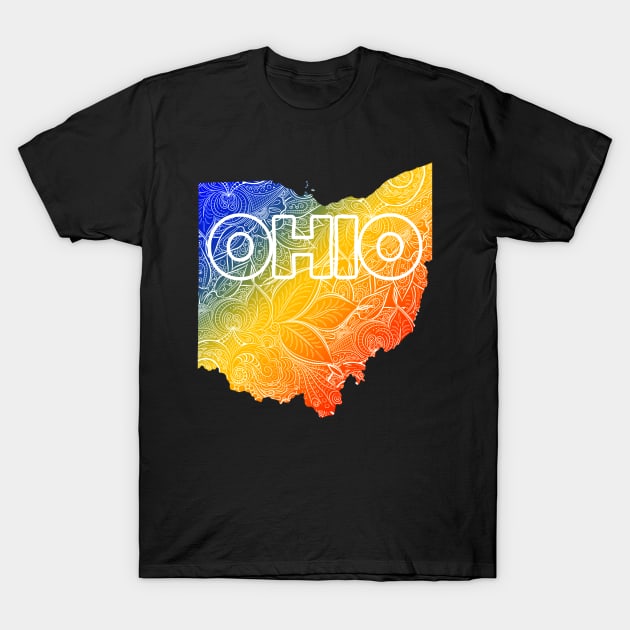 Colorful mandala art map of Ohio with text in blue, yellow, and red T-Shirt by Happy Citizen